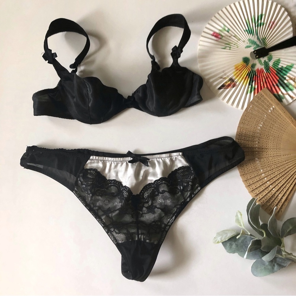 Vintage Black White Mesh, Satin, & Lace Bra & Panty Set